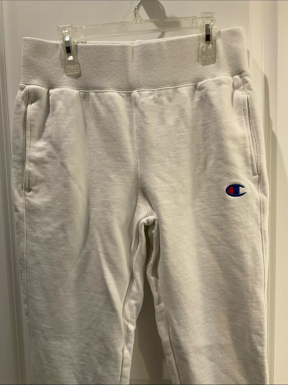 Champion White Sweatpants with Blue & Red Logo